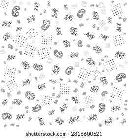 Seamless fashion and textile pattern with outline icons and decorative symbols. Editable vector background featuring clothing, accessories, beauty, fabric and fashion elements isolated on white background.