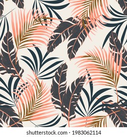 Seamless fashion tropical pattern with bright colorful plants and leaves on beige background. Exotic tropics. Summer. Vintage pattern. Printing and textiles. Summer colorful hawaiian.