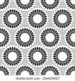 Seamless fashion vector pattern with circles, rounded shapes, wavy lines. Black and white oriental background.