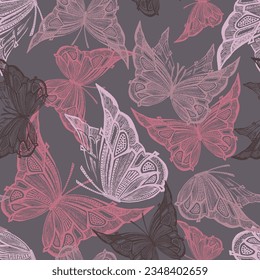 Seamless fashion vector pattern with flying butterflies, suitable for textile print, hand drawn illustration