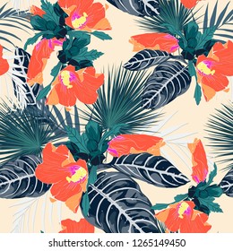 Seamless fashionable abstract graphical hand drawing orange hibiscus flowers and exotic leaves, print on yellow background. Tropical summer, spring background.