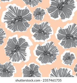 Seamless fashionable abstract graphical  hand drawing hibiscus flowers print background. Tropical summer, spring bright colors.