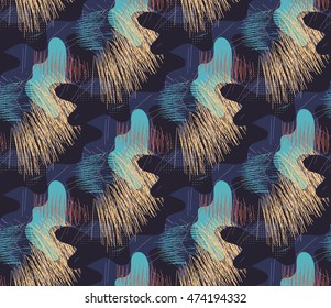 Seamless fashionable bright artistic pattern consisting of strokes and spots. Vector illustration
