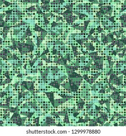 Seamless fashionable camouflage. The foreground consists of rows of small squares. The background consists of acute-angled figures. Editable.