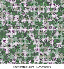 Seamless fashionable camouflage. The foreground consists of rows of small squares.
The background consists of chaos of five-pointed stars. Editable.