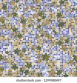 Seamless fashionable camouflage. The foreground consists of rows of small squares.
The background consists of chaos of five-pointed stars. Editable.