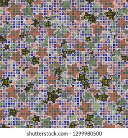 Seamless fashionable camouflage. The foreground consists of rows of small squares.
The background consists of chaos of five-pointed stars. Editable.