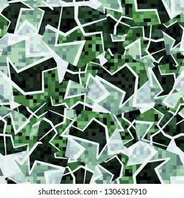 Seamless fashionable camouflage. The foreground consists of rows of small squares.
The background consists of chaos of broken acute-angled figures. Editable.