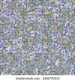 Seamless fashionable camouflage. The foreground consists of rows of small squares.
The background consists of chaos of leaves. Editable.
