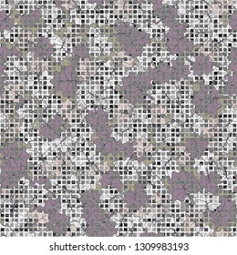 Seamless fashionable camouflage. The foreground consists of rows of small squares.
The background consists of scattered maple leaves.