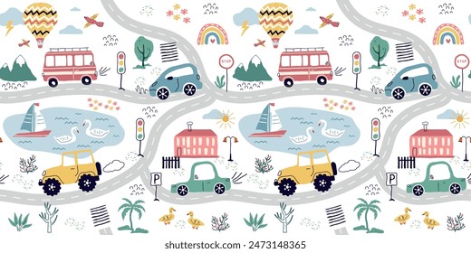 patrón sin costura, de moda de coches, carreteras, madera. Fondo de transporte para niños. Una Plantilla con dibujos de coches de juguete, animales lindos. para impresión, papel, Anuncio. arte Ilustración vectorial.