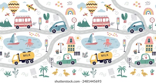 patrón sin costura, de moda de coches, carreteras, madera. Fondo de transporte para niños. Una Plantilla con dibujos de coches de juguete, animales lindos. para impresión, papel, Anuncio. arte Ilustración vectorial.