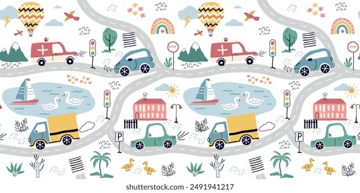 patrón sin costura, de moda de coches, carreteras, madera. Fondo de transporte para niños. Una Plantilla con dibujos de coches de juguete, animales lindos. para impresión, papel, Anuncio. arte Ilustración vectorial.