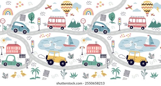 Modelo inconsútil, de moda de coches, carreteras, madera. Fondo de transporte para niños. Una Plantilla con dibujos de coches de juguete, animales lindos. para impresión, papel, Anuncio. Ilustración vectorial de arte.