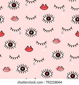 Seamless fashionable pattern of open and closed eyes, lips, hearts.Vector