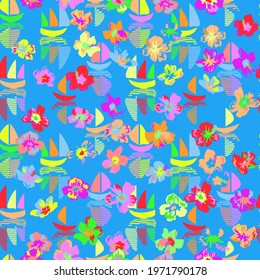 Seamless fashionable pattern in tropical cute flowers, see boats. Mallow hibiscus blossom. Floral background for swimsuit, textile, wallpaper, print, gift wrap, scrapbooking, decoupage.