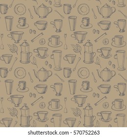 Seamless fashionable pattern .Ware for a breakfast.Hand drawn doodle sketch.Vector.