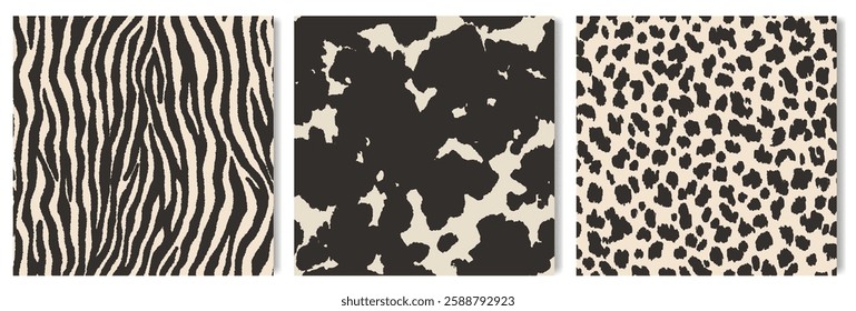 Seamless fashionable patterns with animal skins. Abstract geometric backgrounds with spotted and striped patterns. Collection of decorative textures from leopard, cow skins and zebra fur. Luxurious an