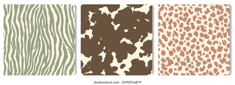 Seamless fashionable patterns with animal skins. Abstract geometric backgrounds with spotted and striped patterns. Collection of decorative textures from leopard, cow skins and zebra fur. Luxurious an