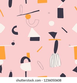 Seamless fashionable unusual vector pattern, background with simple geometrical shapes.
