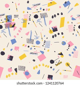 Seamless fashionable unusual vector pattern, background with geometrical and hand drawn shapes.
