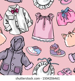 Seamless fashionable vector pattern. Children garment, clothes, dresses. Creative background for girls. Tender pink, lilac, peach colors. Fashion illustration for custom background, textile design.
