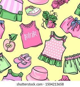 Seamless fashionable vector pattern. Little children garment, clothes, dresses. Summer mood, fresh pink, green, yellow colors. Fashion illustration for background, textile design.