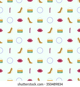 Seamless fashionable vector pattern, symmetrical background with shoes, clutches, beads, lipstick and lips, over light backdrop.