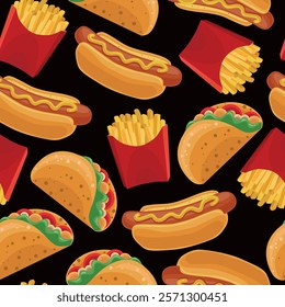 Seamless fast food background. Hot dog, tacos, French fries. Bright and beautiful print for packaging, clothing and design. Vector illustration.