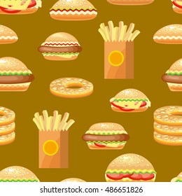 Seamless fast food background pattern with hamburger, potato fries, hot dog. Vector illustration.  Decorative elements for your packaging design.