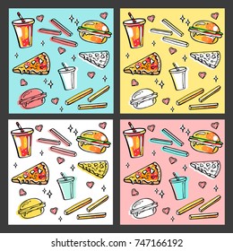 Seamless fast food banner in sketched sticker style. Pizza, potato, burger with stars and hearts. Fun and cute elements for promo or menu design. Vector hand drawn illustration EPS 10.