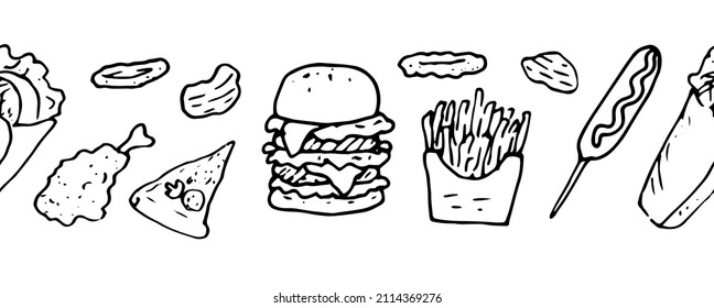 seamless fast food border black icons. horizontal stripe, painted pizza, hamburger, sandwich, shawarma, chicken leg, doodle style black isolated outline on white for menu design template packaging 