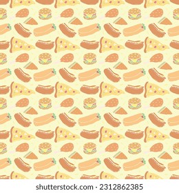 Seamless fast food pattern. fast food background. Doodle fastfood icons. Drawn food pattern