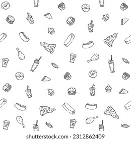 Patrón de comida rápida sin foco. fondo de comida rápida. Iconos de comida rápida Doodle. Patrón de alimentos dibujado