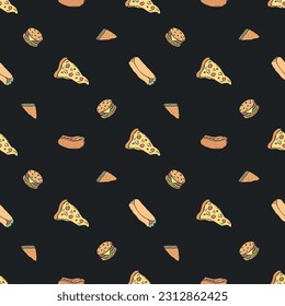 Seamless fast food pattern. fast food background. Doodle fastfood icons. Drawn food pattern