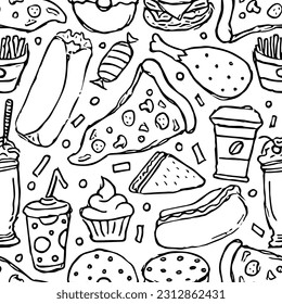 Seamless fast food pattern. fast food background. Doodle fastfood icons. Drawn food pattern