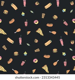 Patrón de comida rápida sin foco. fondo de comida rápida. Iconos de comida rápida Doodle. Patrón de alimentos dibujado