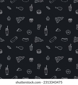 Seamless fast food pattern. fast food background. Doodle fastfood icons. Drawn food pattern