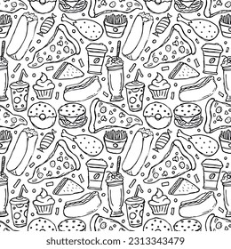 Seamless fast food pattern. fast food background. Doodle fastfood icons. Drawn food pattern