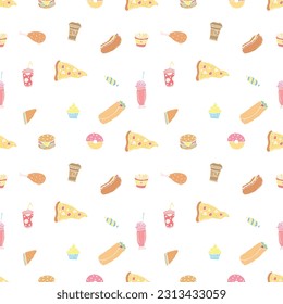 Seamless fast food pattern. fast food background. Doodle fastfood icons. Drawn food pattern