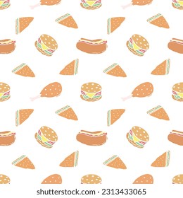 Nahtlose Fastfood-Muster. Fast-Food-Hintergrund. Ikonen von Nüchterndoodle. Drachenmuster