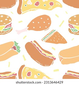 Patrón de comida rápida sin foco. fondo de comida rápida. Iconos de comida rápida Doodle. Patrón de alimentos dibujado