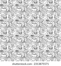 Seamless fast food pattern. fast food background. Doodle fastfood icons. Drawn food pattern
