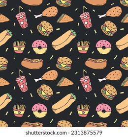 Seamless fast food pattern. fast food background. Doodle fastfood icons. Drawn food pattern