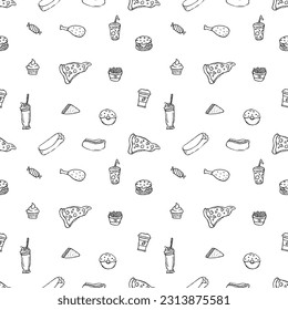 Seamless fast food pattern. fast food background. Doodle fastfood icons. Drawn food pattern