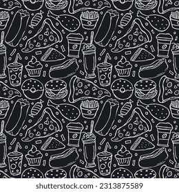 Seamless fast food pattern. fast food background. Doodle fastfood icons. Drawn food pattern