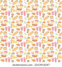 Seamless fast food pattern. fast food background. Doodle fastfood icons. Drawn food pattern