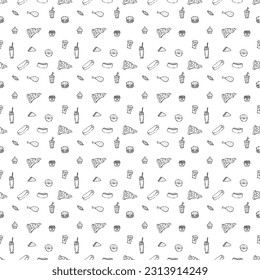Patrón de comida rápida sin foco. fondo de comida rápida. Iconos de comida rápida Doodle. Patrón de alimentos dibujado