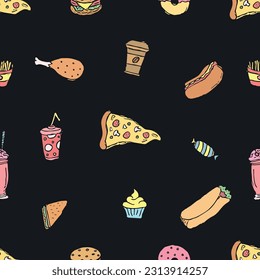 Seamless fast food pattern. fast food background. Doodle fastfood icons. Drawn food pattern