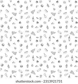Seamless fast food pattern. fast food background. Doodle fastfood icons. Drawn food pattern